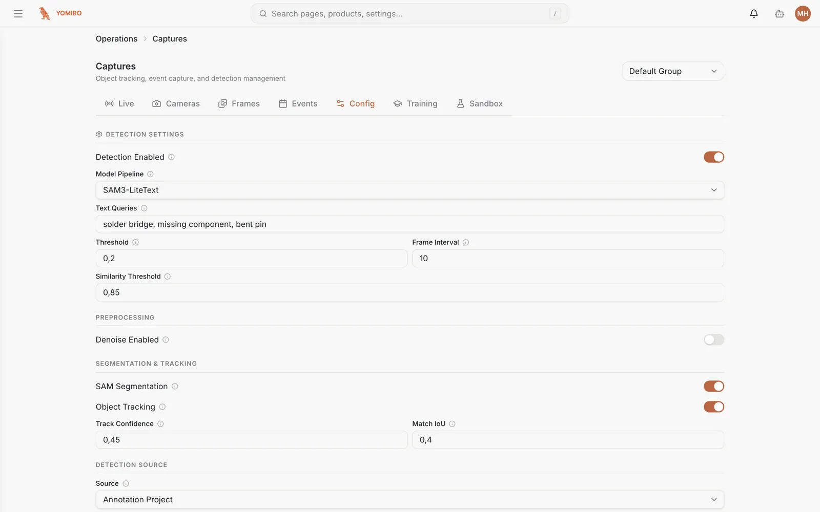 The Captures Config tab showing detection settings for a device group