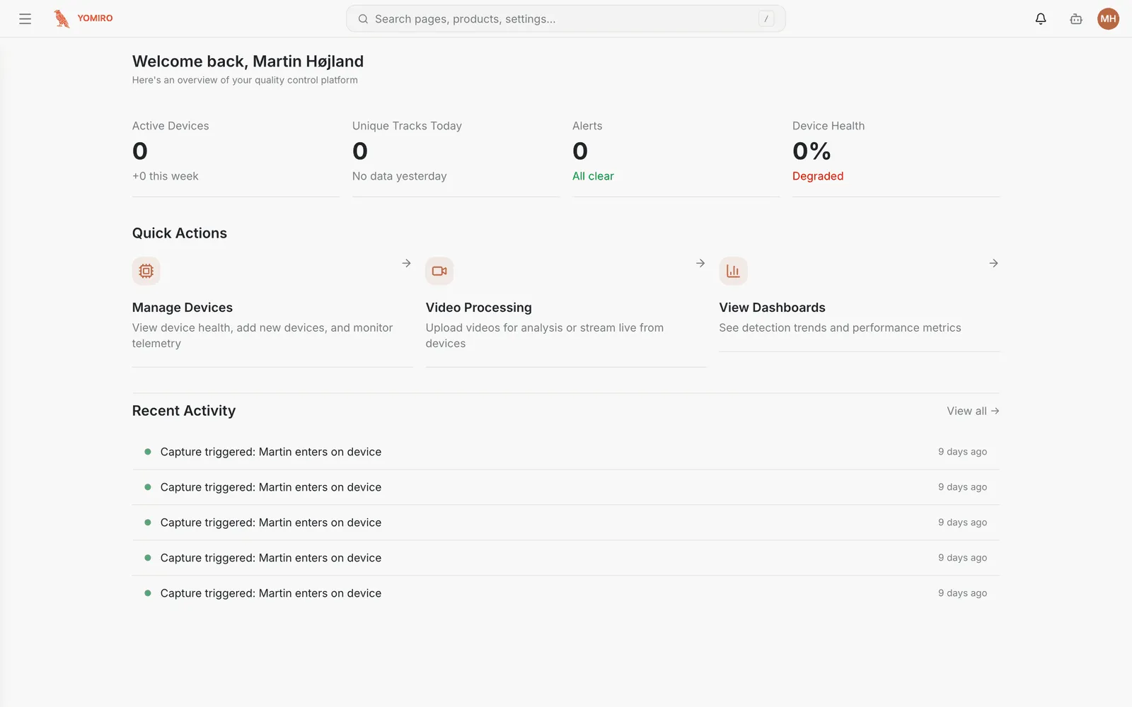 The Yomiro dashboard with stat cards, quick actions and recent activity