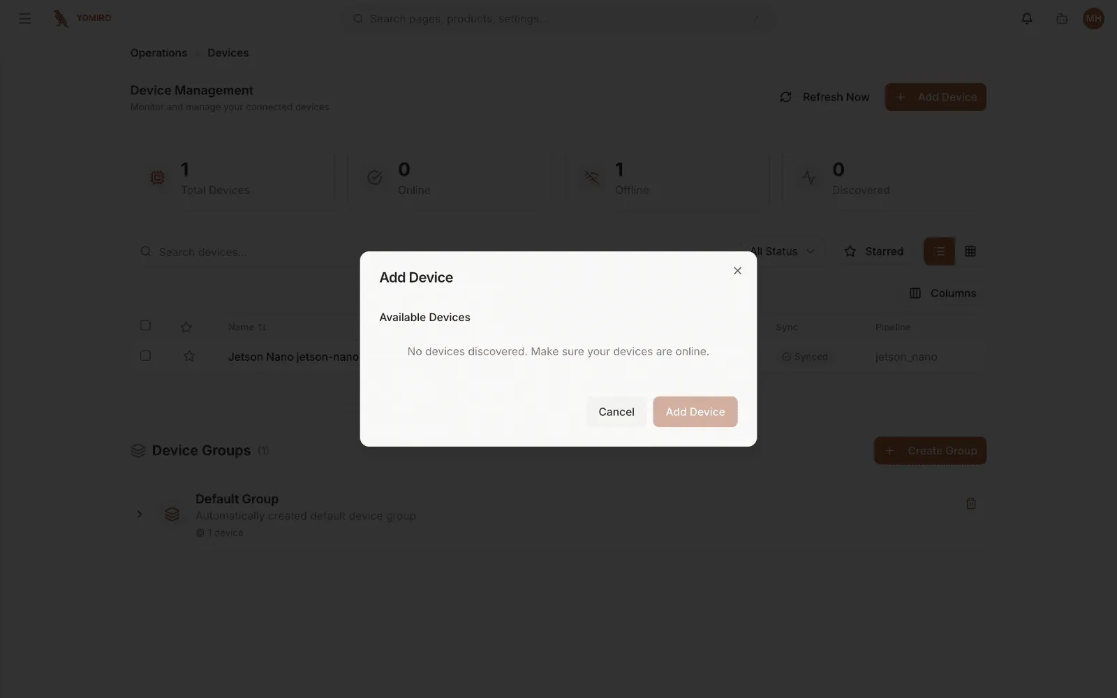 The Add Device dialog listing devices discovered on the network