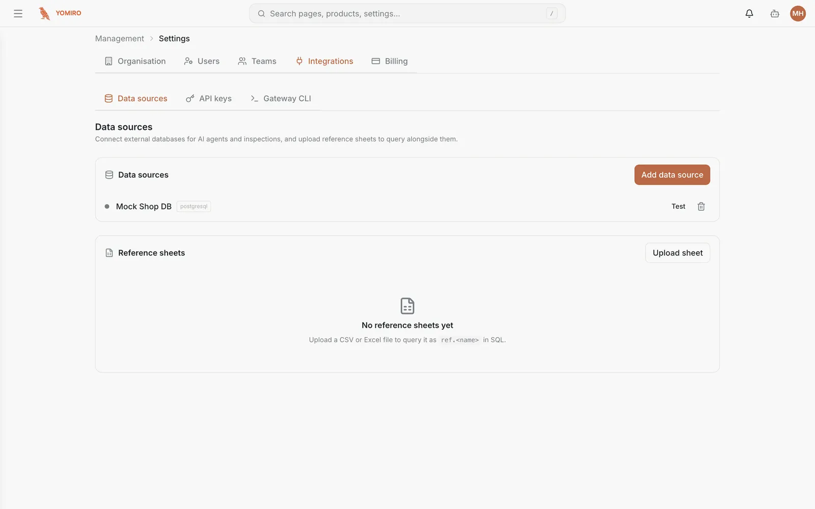 The Data sources page for external databases and reference sheets