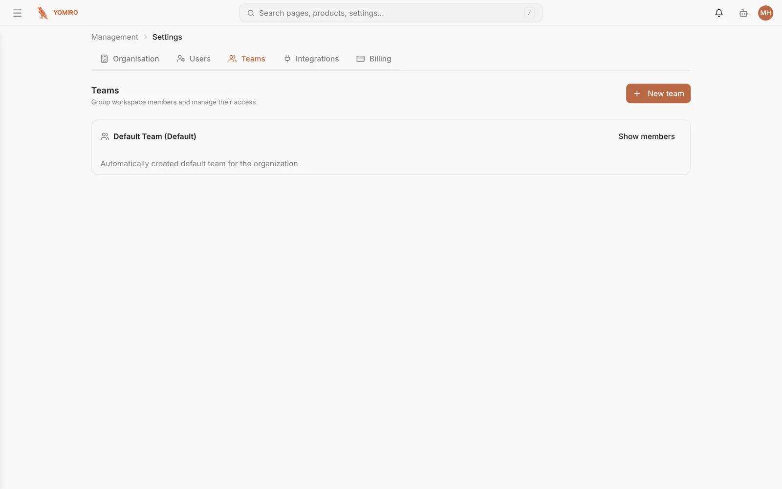 The Teams page for grouping workspace members